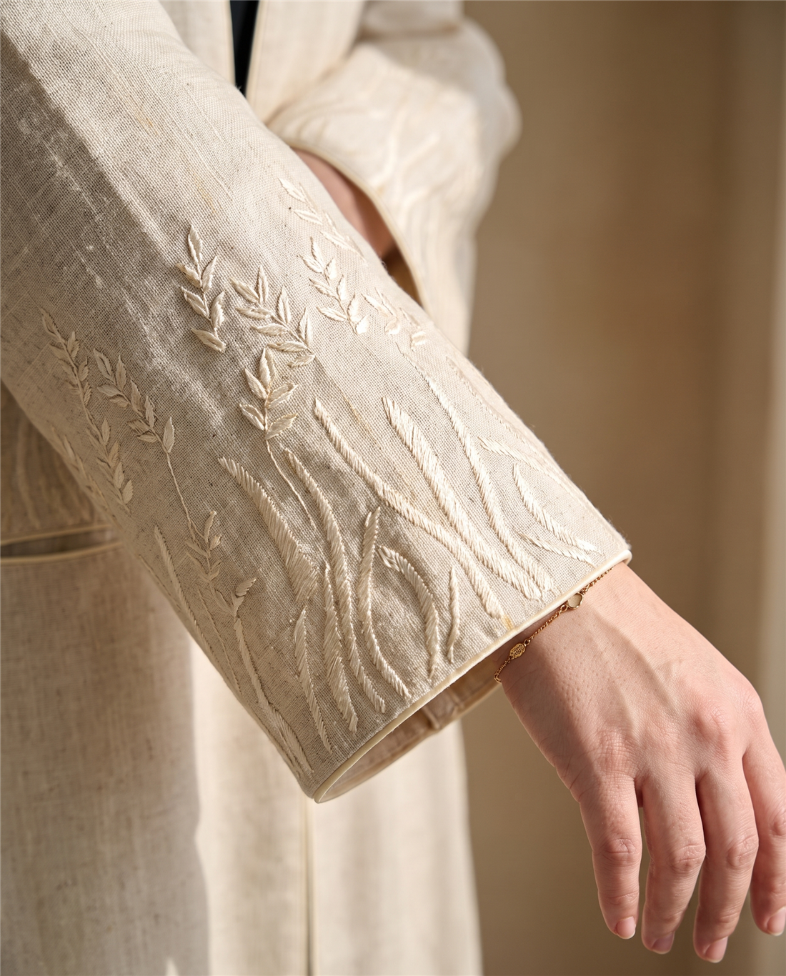 Minimal Embroidered Linen Abaya with Clean Open Front