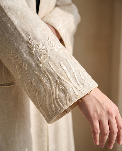 Minimal Embroidered Linen Abaya with Clean Open Front