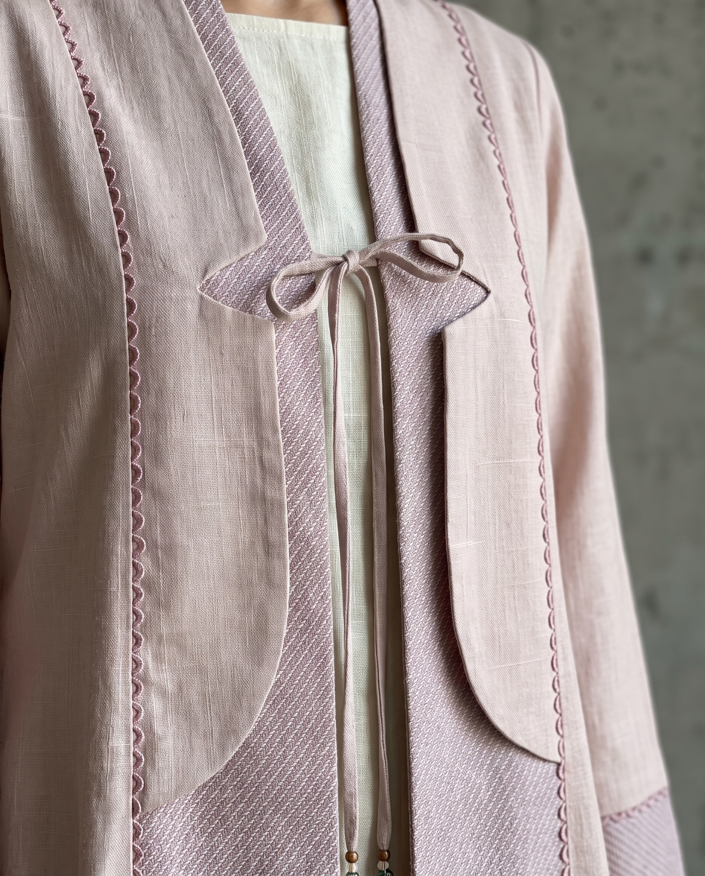 Blush Layered Tie-Front Abaya with Textured Panel