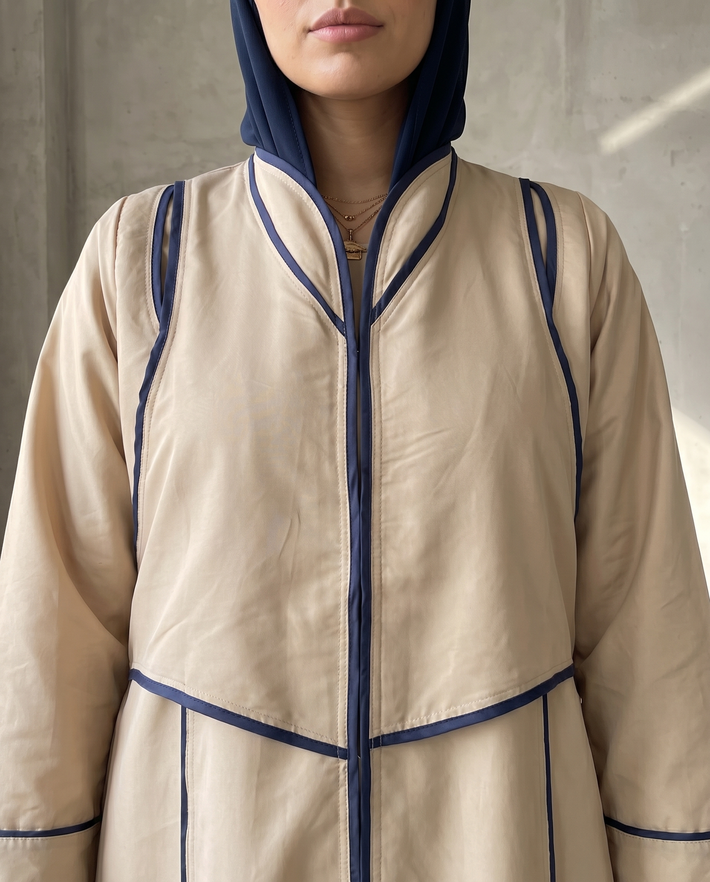 Beige Taffeta Abaya with Sculpted Royal-Blue Panel Piping