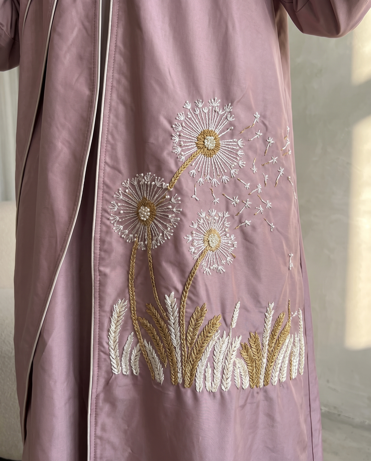 Dusty Mauve Taffeta Abaya with Asymmetric Panel Design & Floral Embroidery Detail