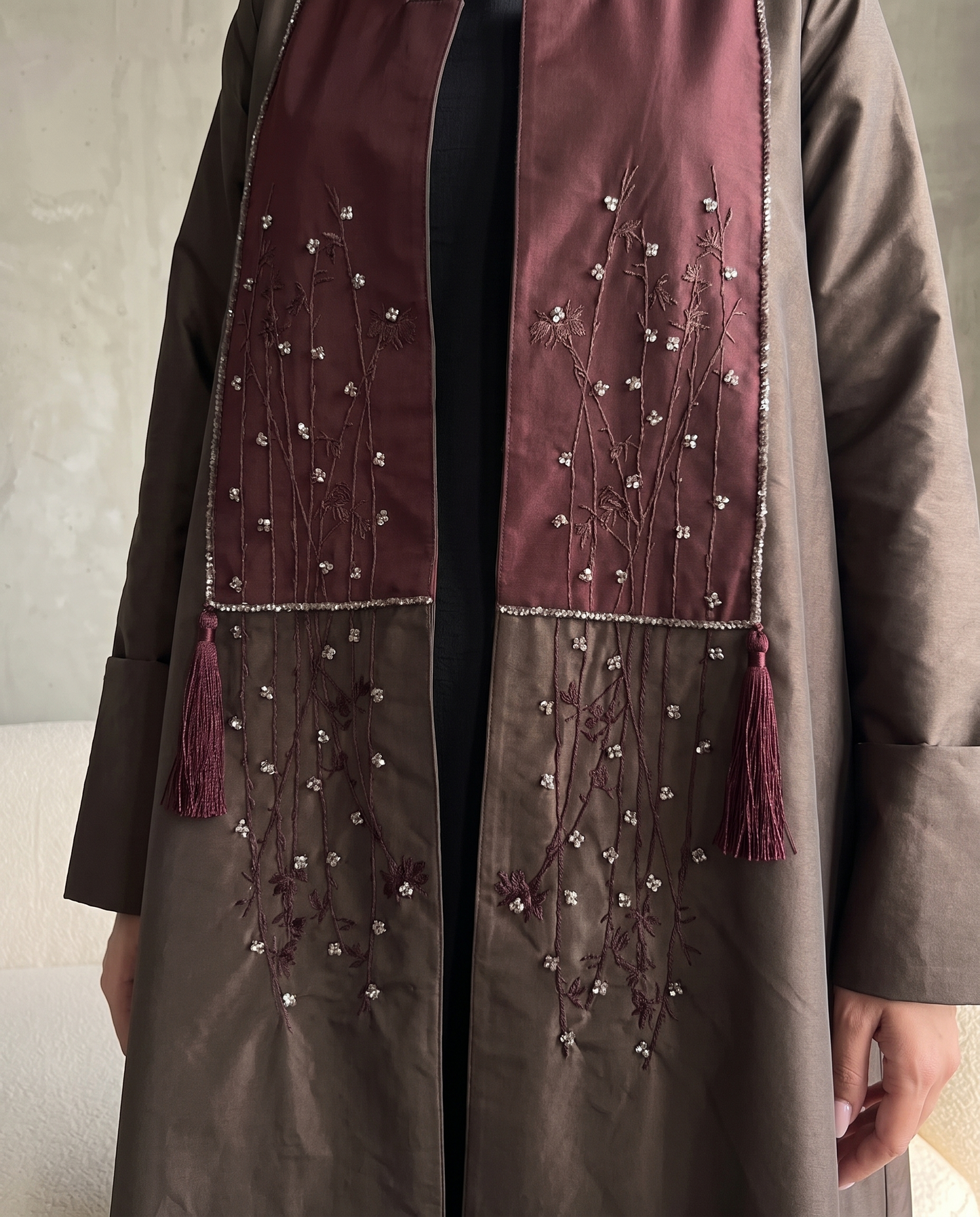Taffeta Abaya with Embroidered Brown Contrast Front Panel & Tassel Detail