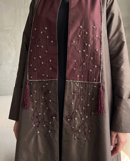 Taffeta Abaya with Embroidered Brown Contrast Front Panel & Tassel Detail