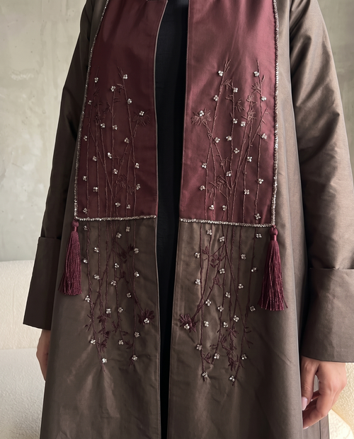 Taffeta Abaya with Embroidered Brown Contrast Front Panel & Tassel Detail – hover image