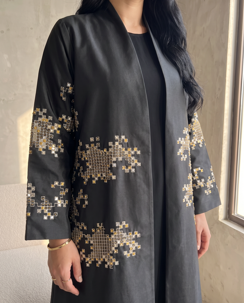 Embroidered Black Taffeta Abaya with Mosaic Floral Detailing – hover image