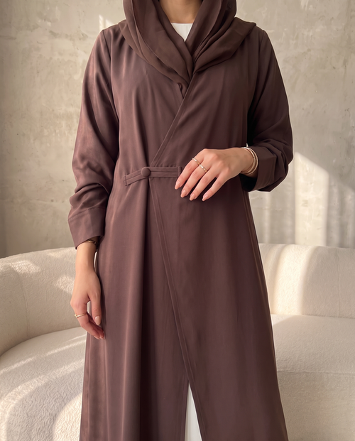 Modern Wrap-Style Brown Abaya with Soft Flow – hover image
