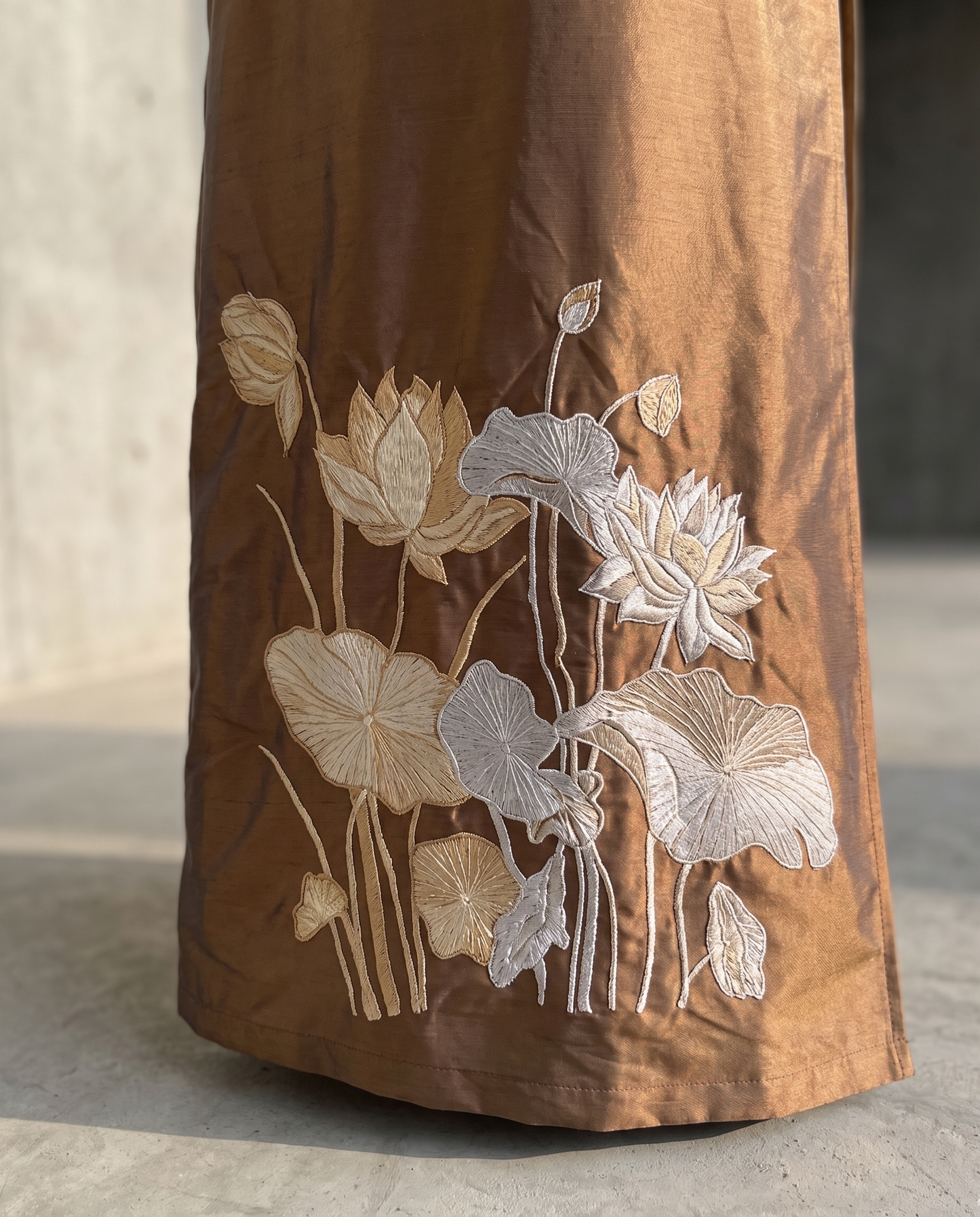 Bronze Taffeta Abaya with Hand-Embroidered Lotus Garden Hem
