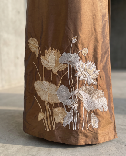 Bronze Taffeta Abaya with Hand-Embroidered Lotus Garden Hem