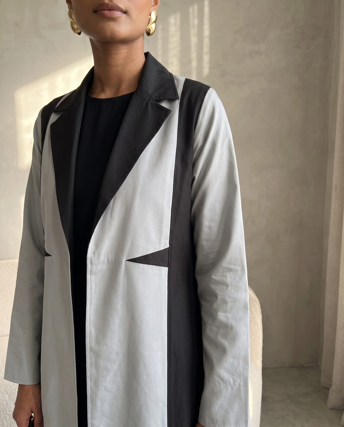 Monochrome Tuxedo-Panel Abaya in Structured Taffeta