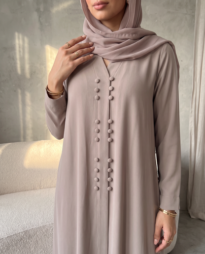 Soft Crepe Abaya Lavender Gray with Stylish Button Trims