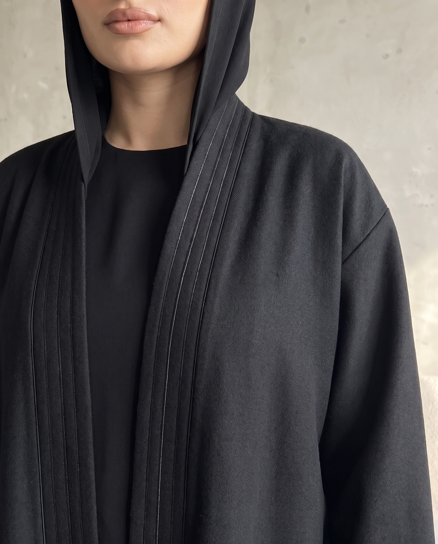 Minimalist Structured Black Abaya with Wide Sleeves & Clean Panel Detailing