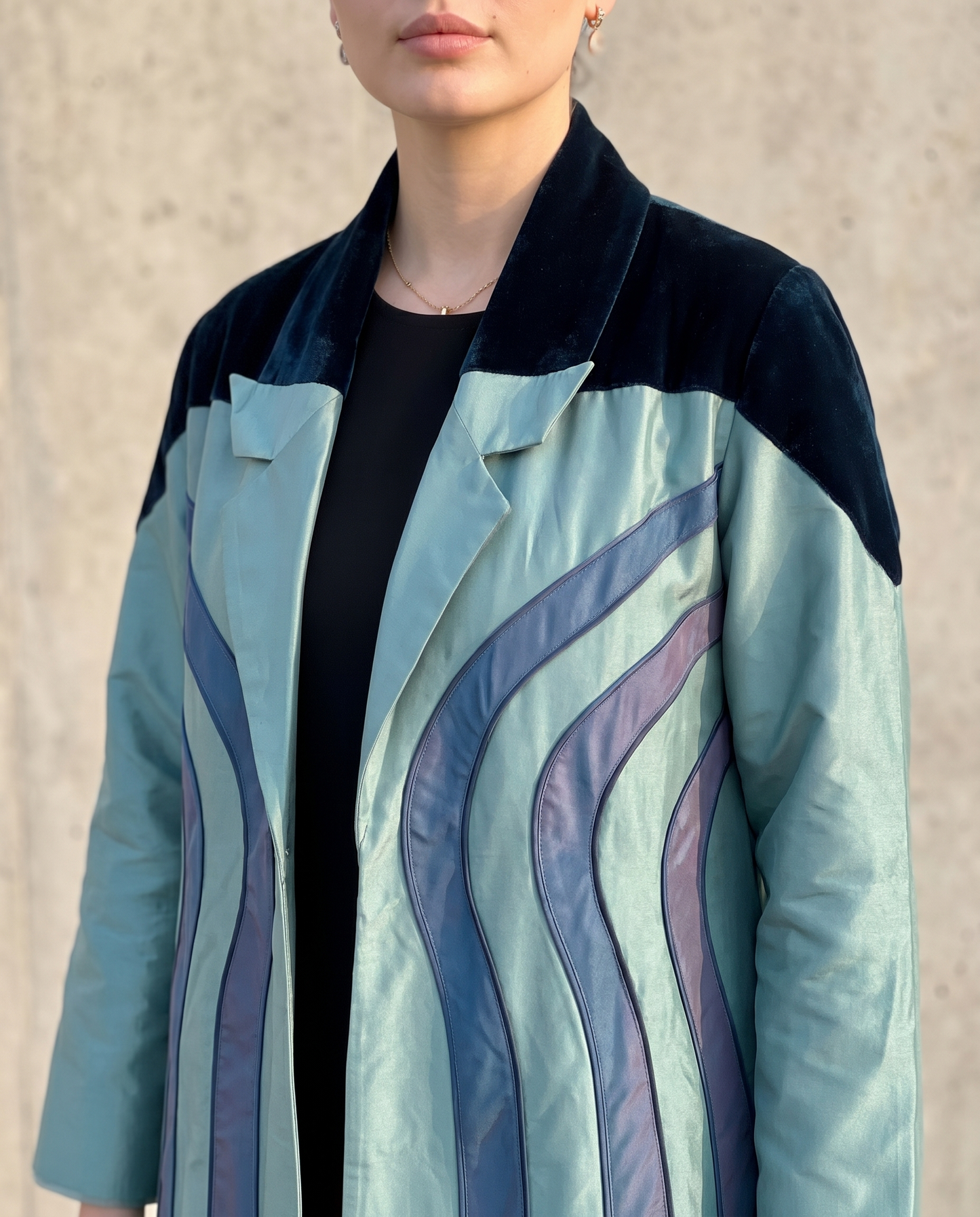 Teal Taffeta Abaya with Sculpted Velvet Panels & Ombre Wave Detailing