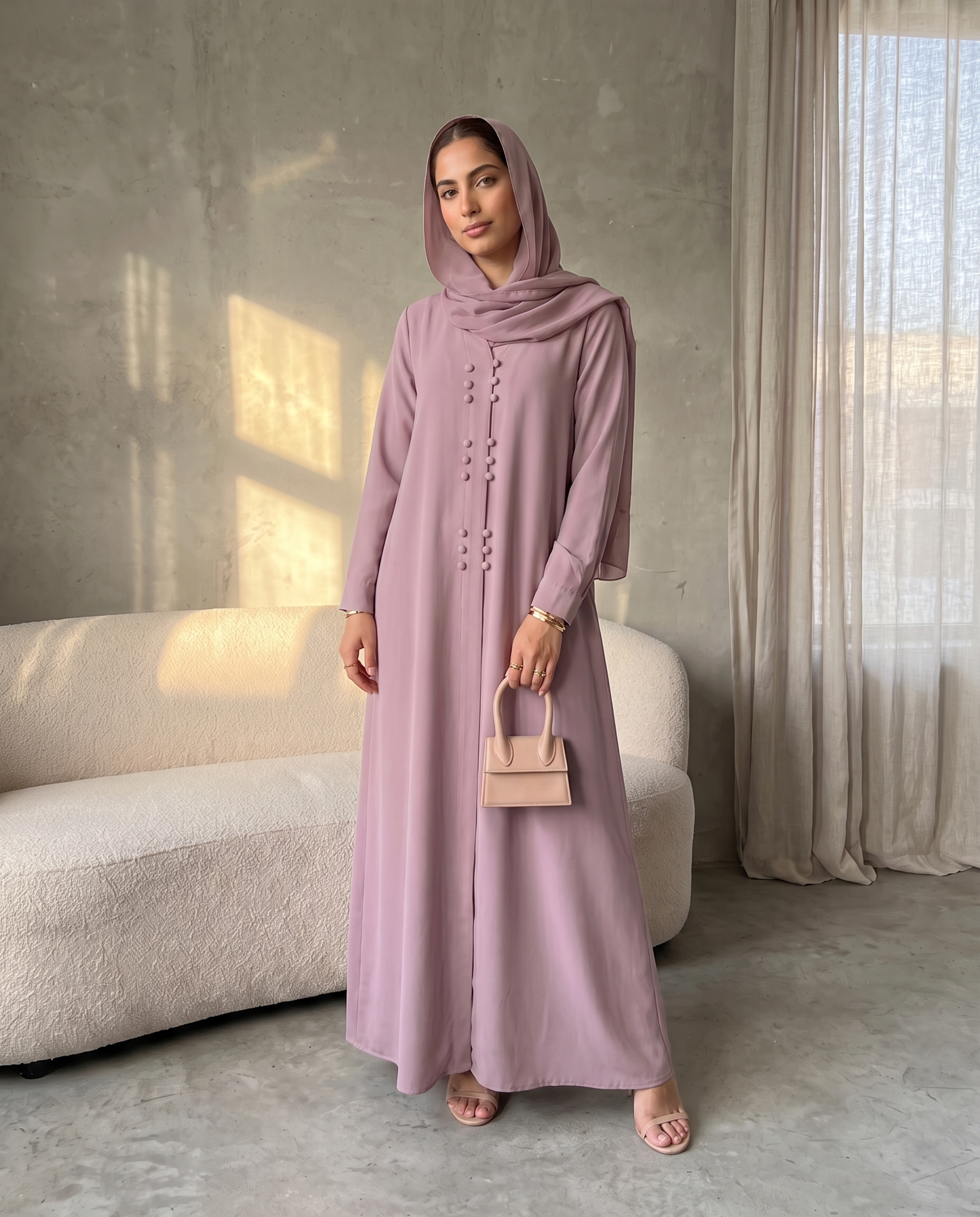 Soft Crepe Abaya Pastel pink with Stylish Button Trims