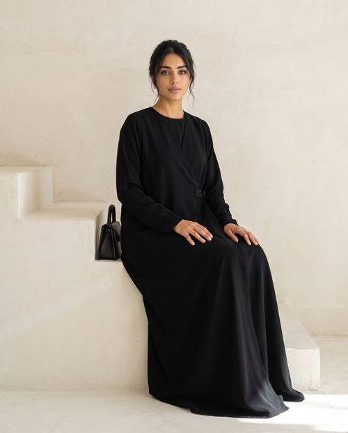Modern Wrap-Style Black Abaya with Soft Flow – hover image