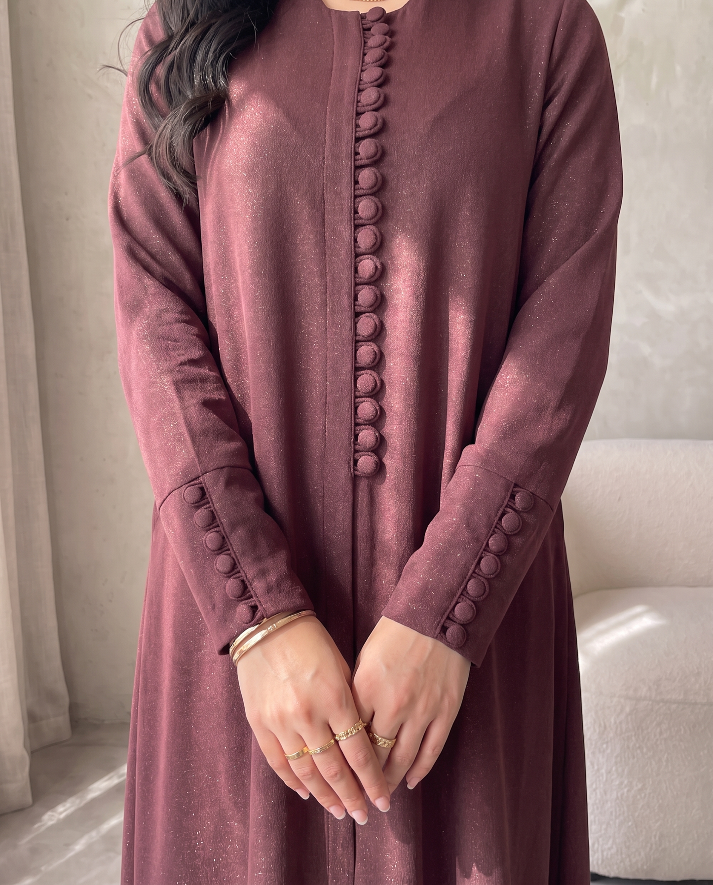 Pearl Button-Front Red Abaya with Elegant Panel Design