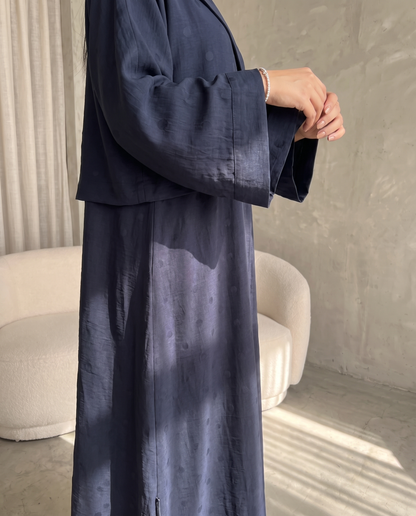 Navy Blue Polka Dot Abaya with Oversized Collar