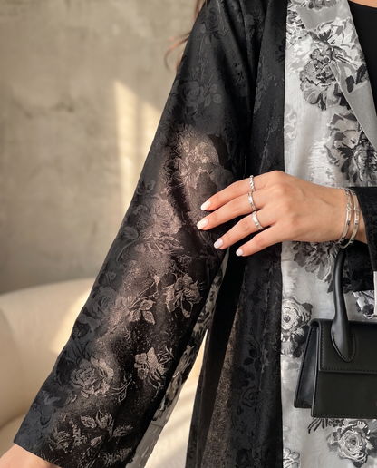 Floral Contrast Panel Abaya with Tailored Lapel Design