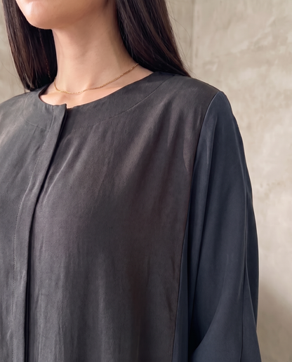 Minimal Hooded Open Abaya with Fluid Drape Dark Navy and Relaxed Silhouette
