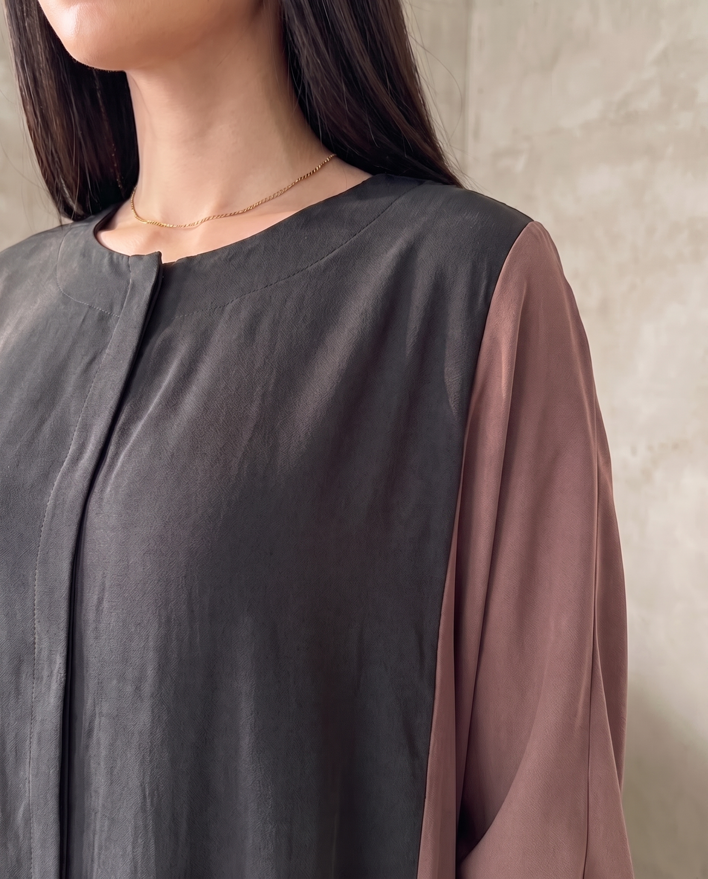 Minimal Hooded Open Abaya with Fluid Drape Rosewood and Relaxed Silhouette