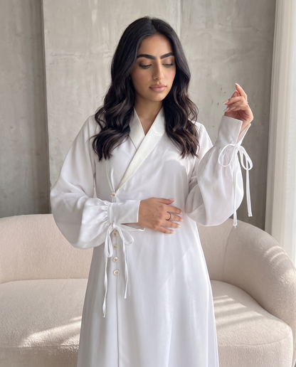 Premium Satin Wrap White Abaya with Side Buttons