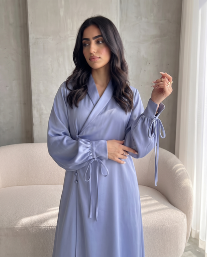 Premium Satin Wrap Blue haze Abaya with Side Buttons