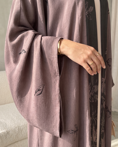 Modern Kimono Open Abaya with Printed Leaf Design