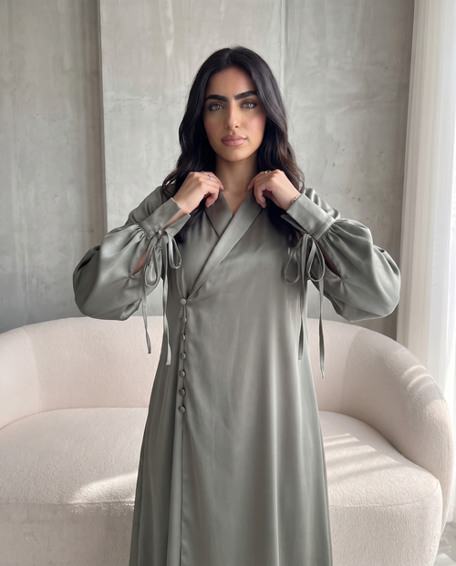 Premium Satin Wrap Gray Abaya with Side Buttons – hover image