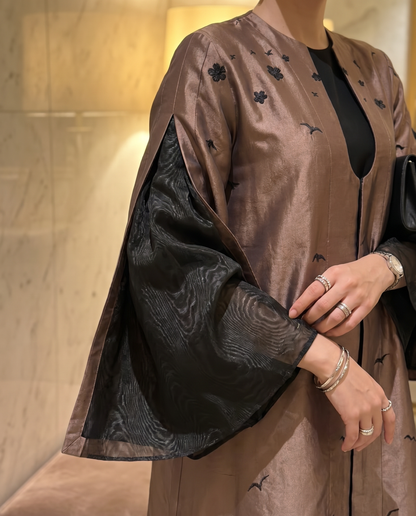Elegant Bronze Abaya with Black Landscape Detailing