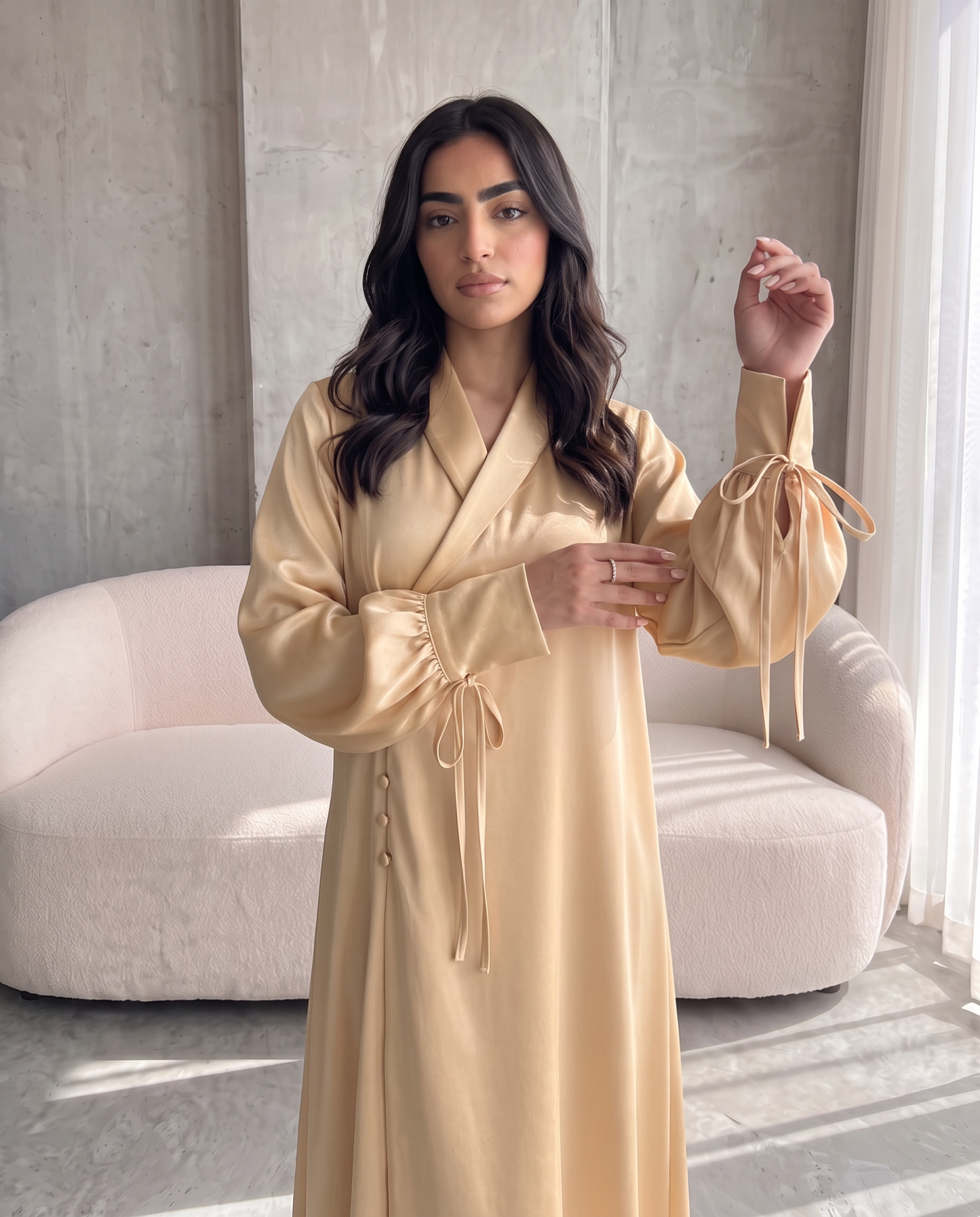 Premium Satin Wrap Yellow Abaya with Side Buttons