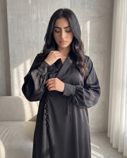 Premium Satin Wrap Black Abaya with Side Buttons