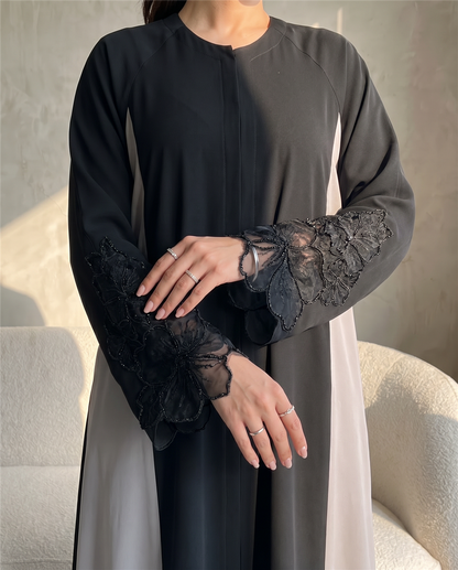 Two-Tone Black & Grey Abaya with Lace Sleeve Detailing