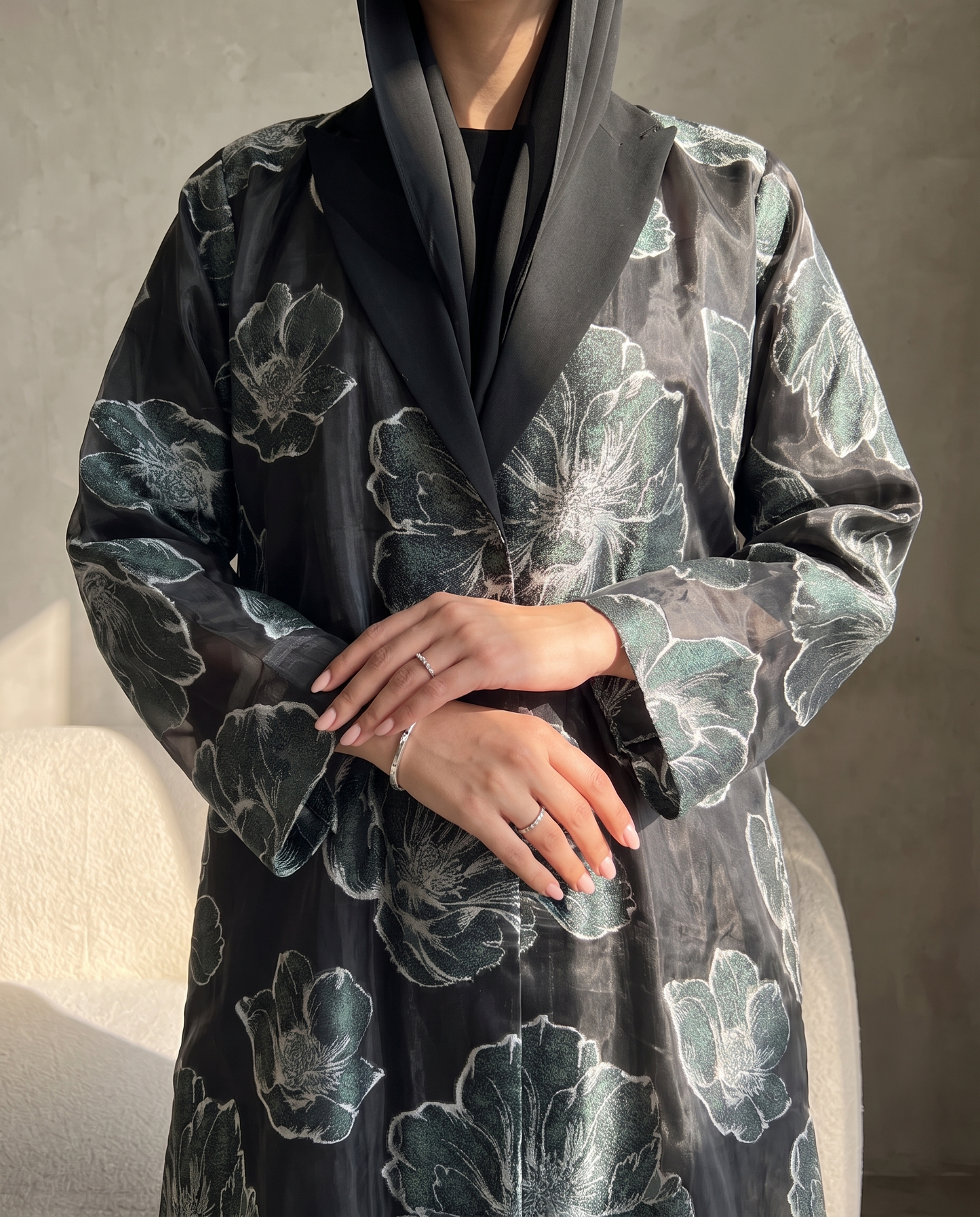 Floral Organza Open Abaya with Soft Tailored Collar