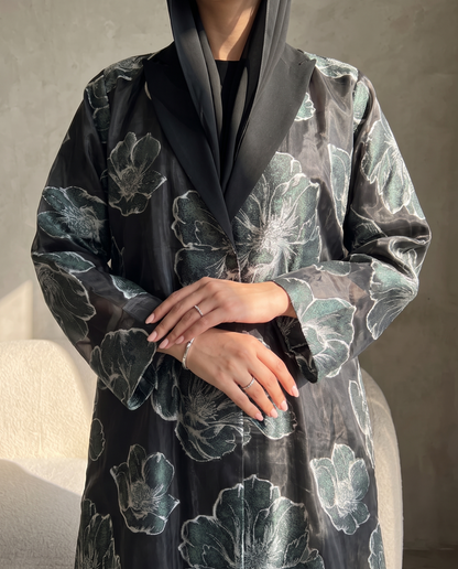 Floral Organza Open Abaya with Soft Tailored Collar