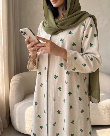 Minimal Leaf Print Linen Abaya