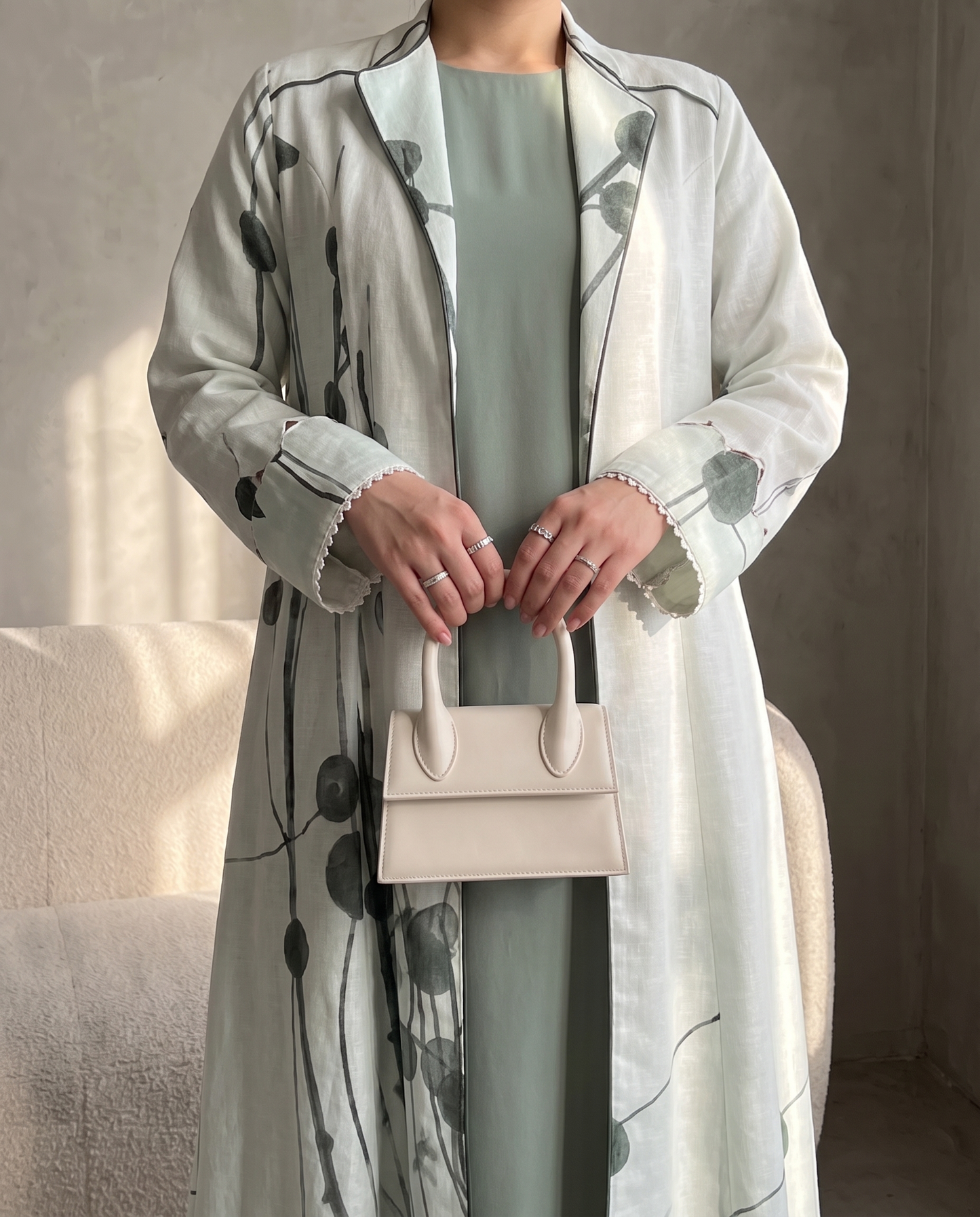 Abstract Botanical Print Abaya with Elegant Open Front
