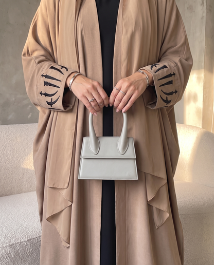 Premium Open Abaya with Metallic Sword Brown Embroidery Design