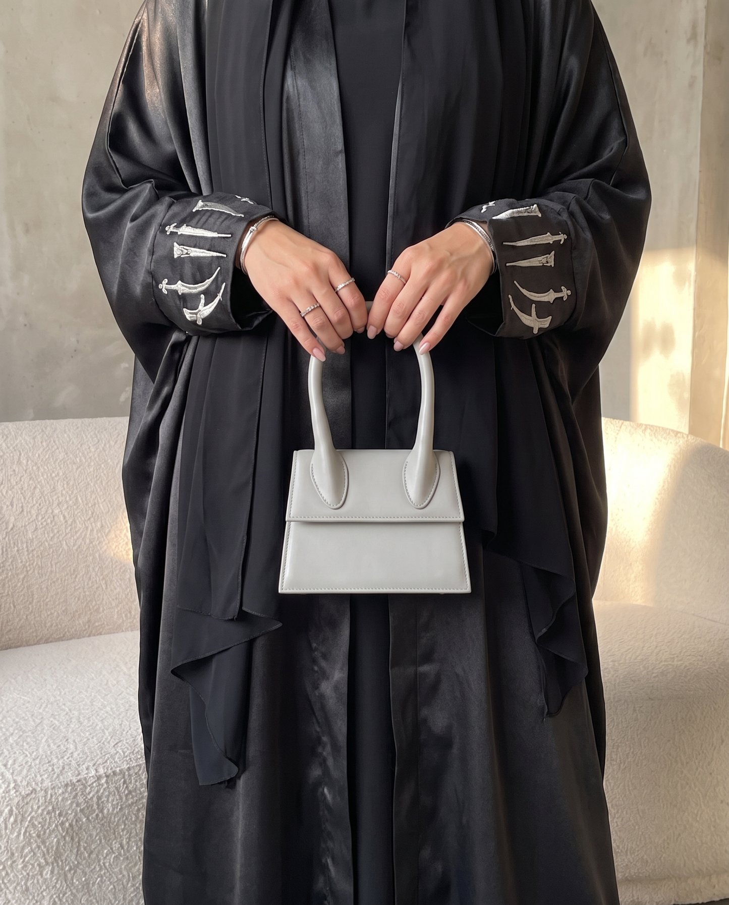 Premium Open Abaya with Metallic Sword Black Embroidery Design