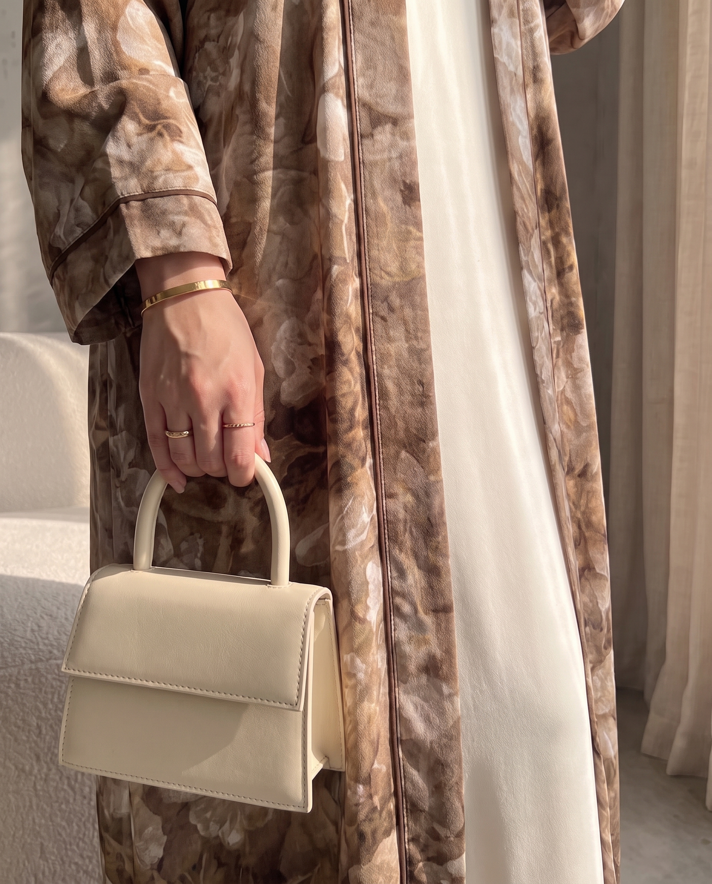 Brown Garden Floral Printed Lightweight Open Abaya