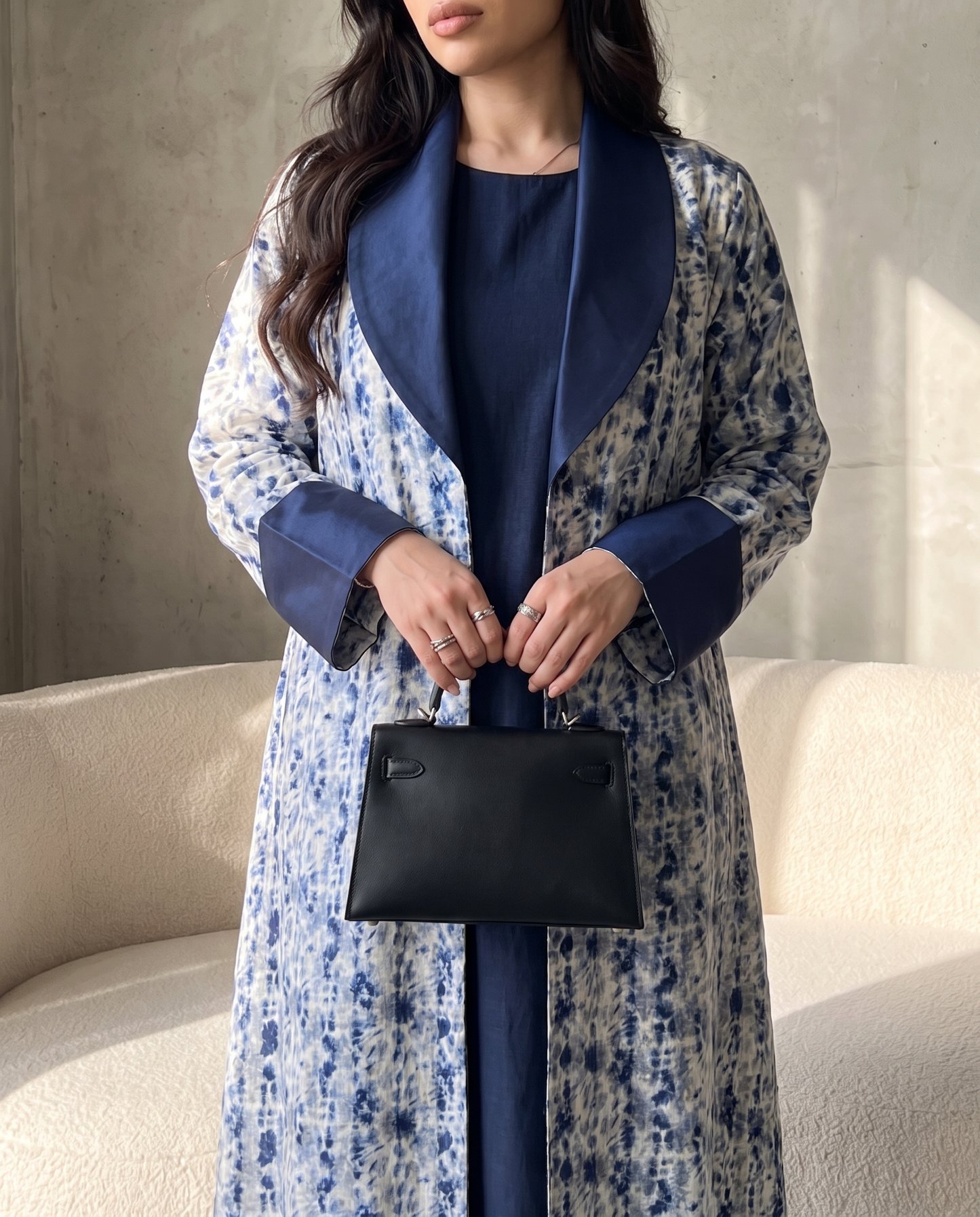 Blue Printed Shawl Collar Abaya with Contemporary Flow