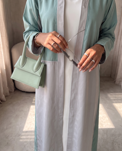 Two-Tone Satin Abaya with Contrasting Panel Design in Mint & Silver