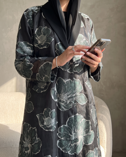 Floral Organza Open Abaya with Soft Tailored Collar