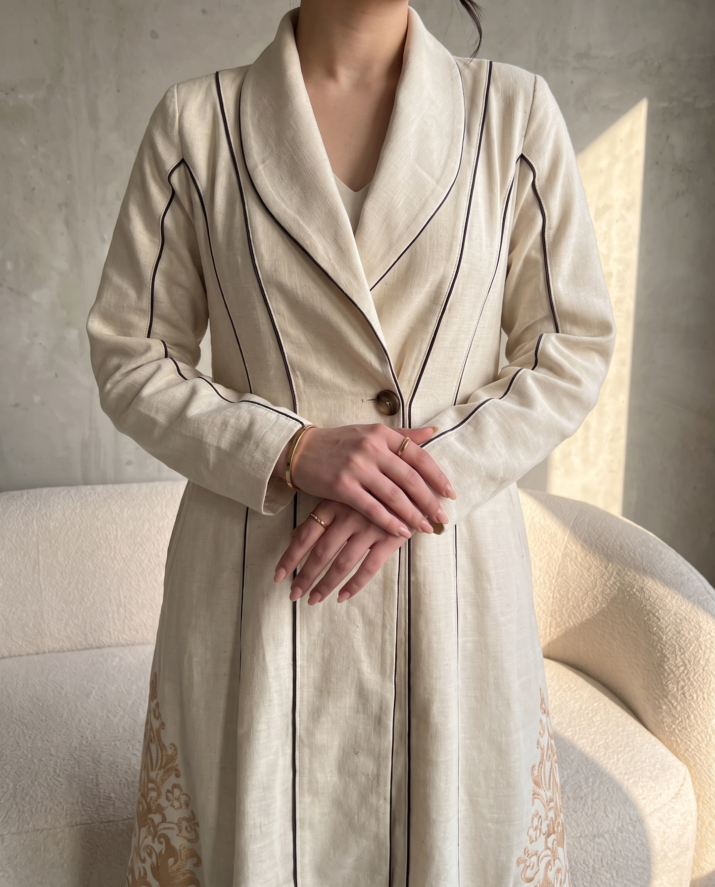 Tailored Embroidered Abaya with Structured Shawl Collar