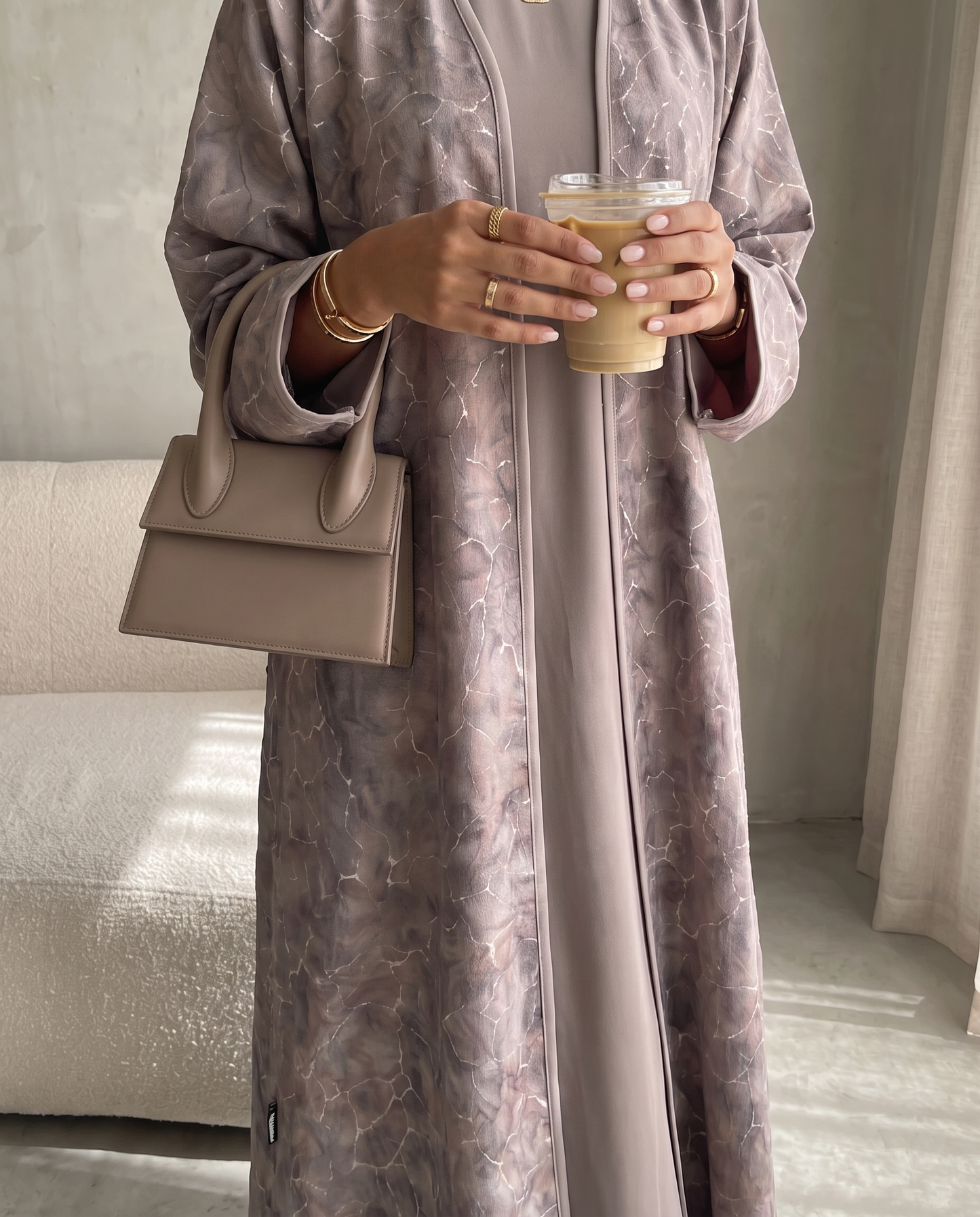 Open Abaya with Cracked Marble Print