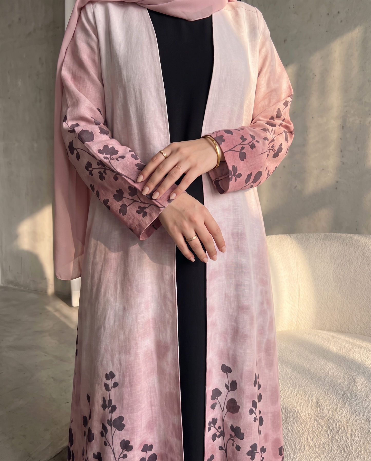 Pink Botanical Print Open Abaya with Flowing Silhouette