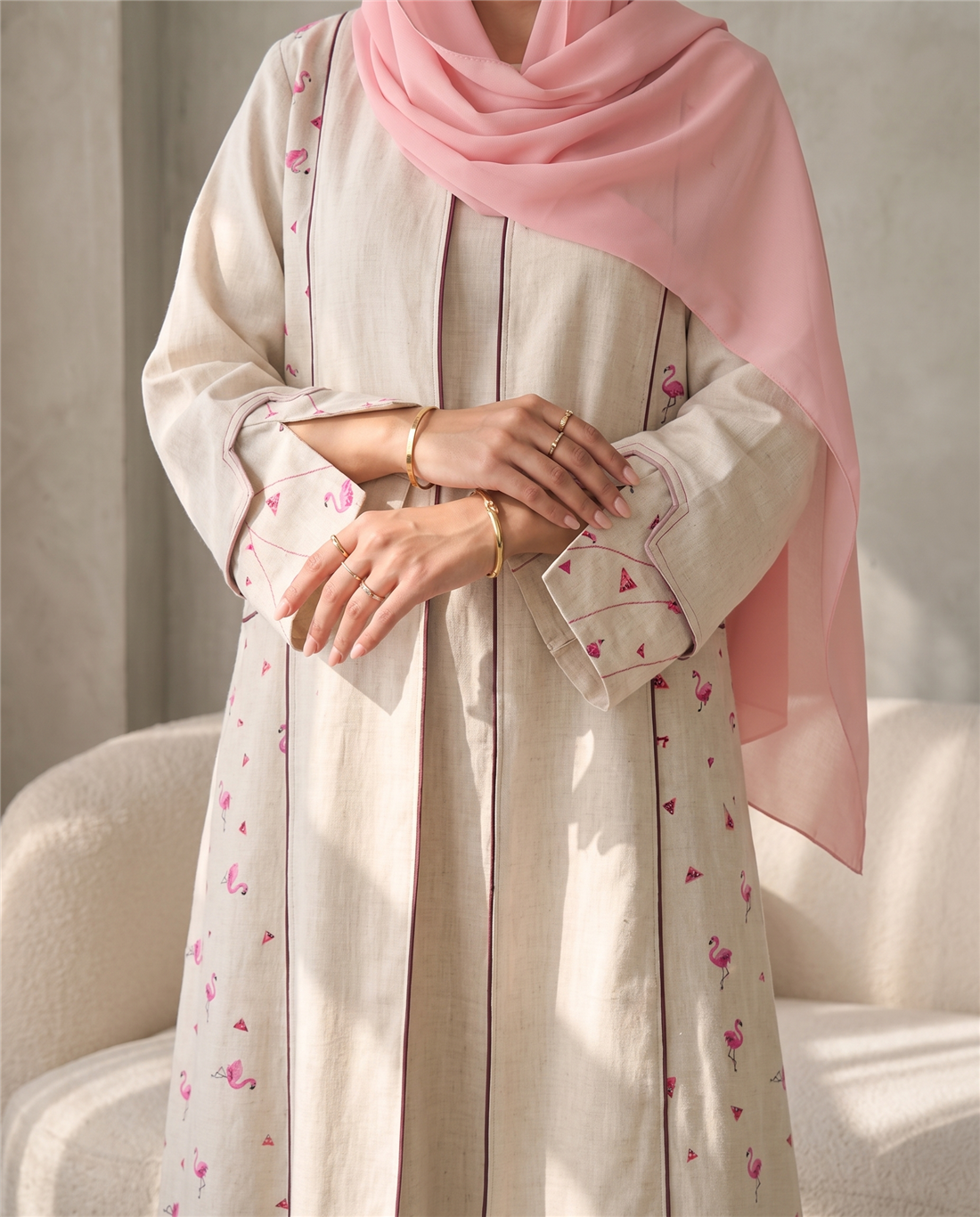 Flamingo Accent Linen Abaya with Contrast Paneling