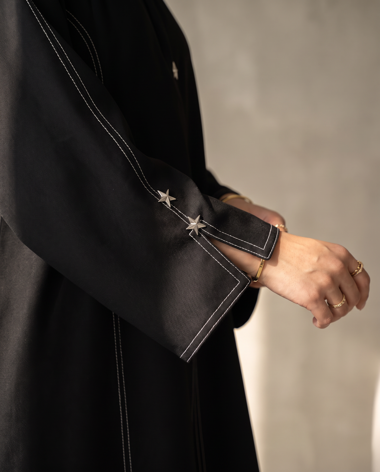 Stitch-Detail Black Abaya with Front Button Accents