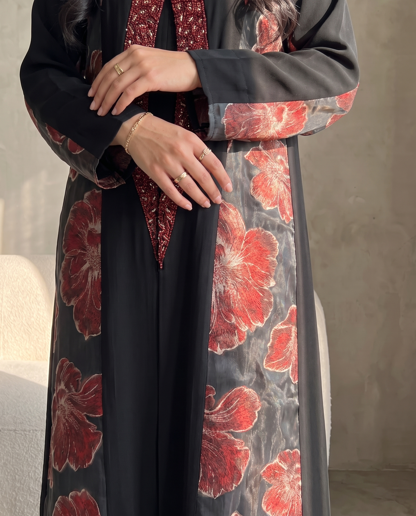 Floral Panel Abaya with Embellished Front Detailing