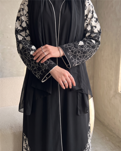 Geometric Lace Detail Abaya with Contrast Sleeve Design