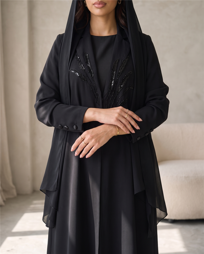 Tailored Open Abaya with Beaded Embroidery and Structured Collar