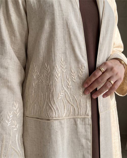 Minimal Embroidered Linen Abaya with Clean Open Front – hover image